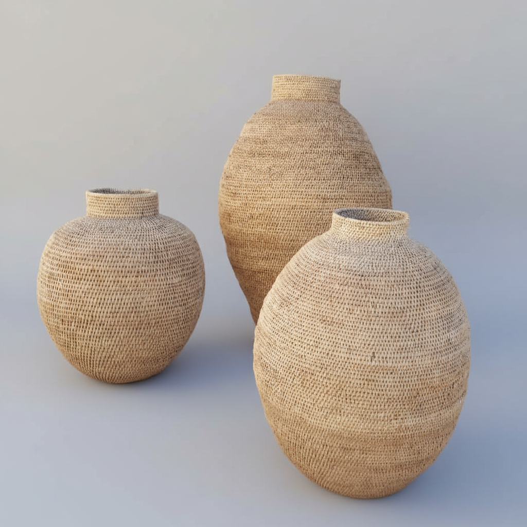 Three woven vases of different sizes on a light gray background