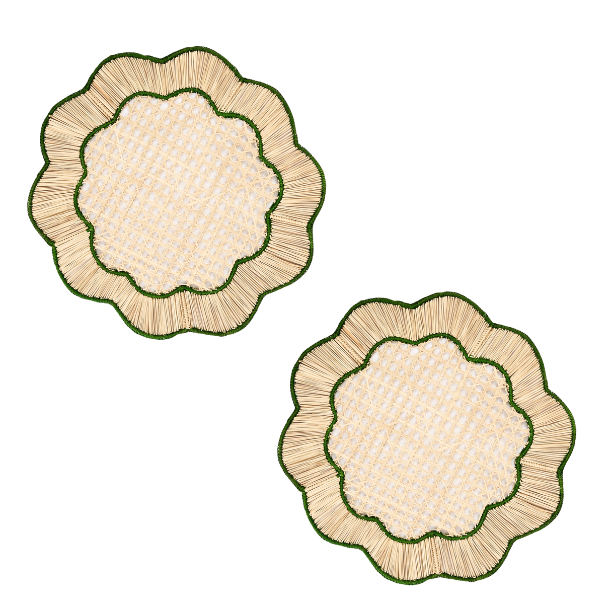 Two round woven placemats with scalloped edges on a white background