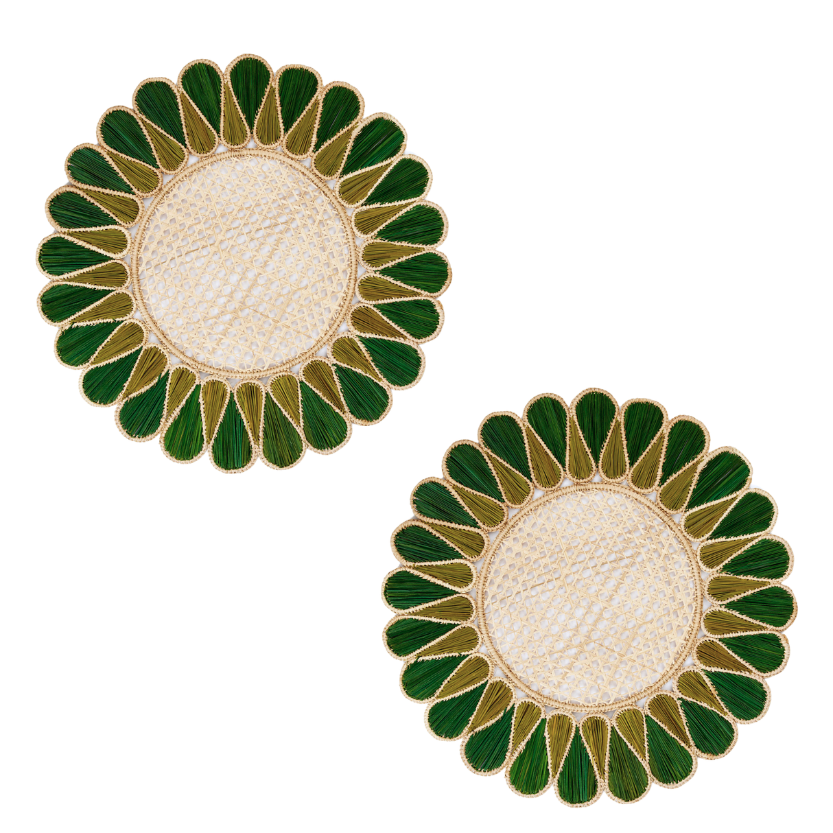 Pair of round placemats with green and gold detailing on a white background