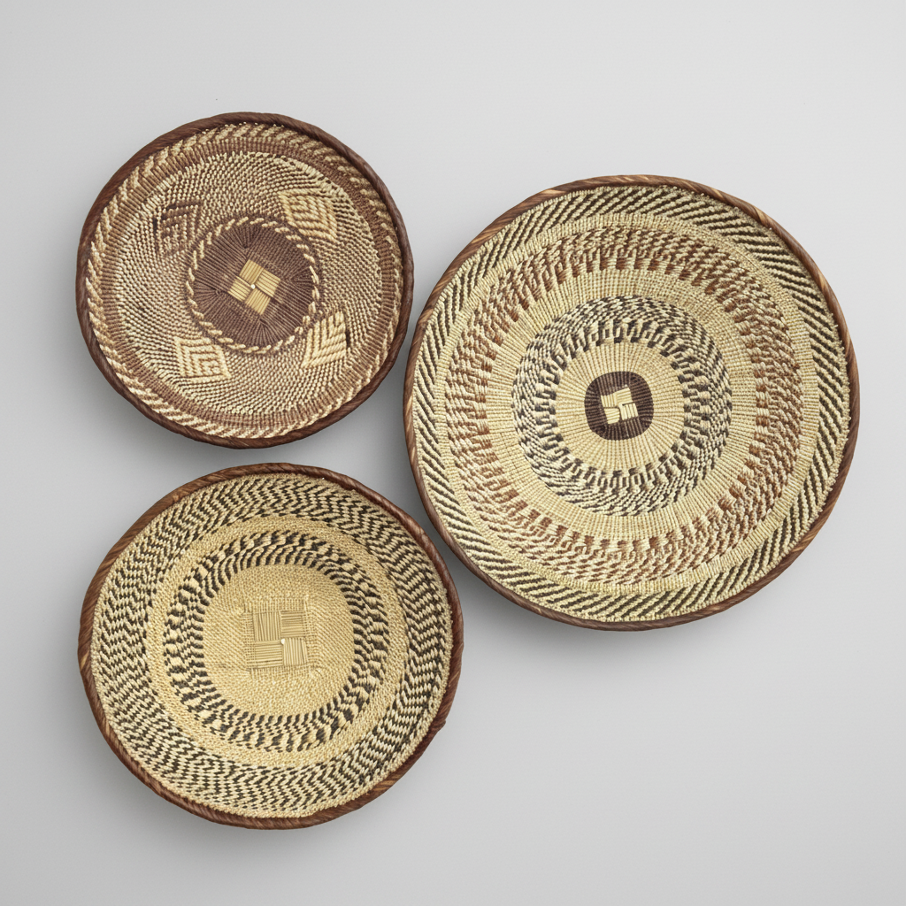 Three woven baskets with circular patterns on a white background