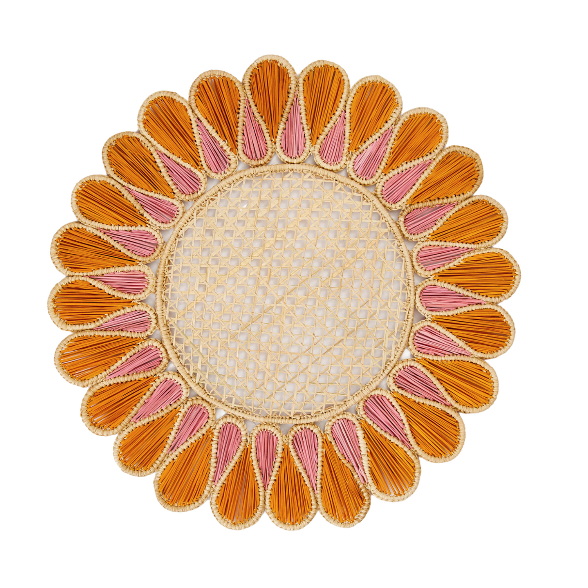 Decorative round placemat with orange and pink petal-like patterns on a white background