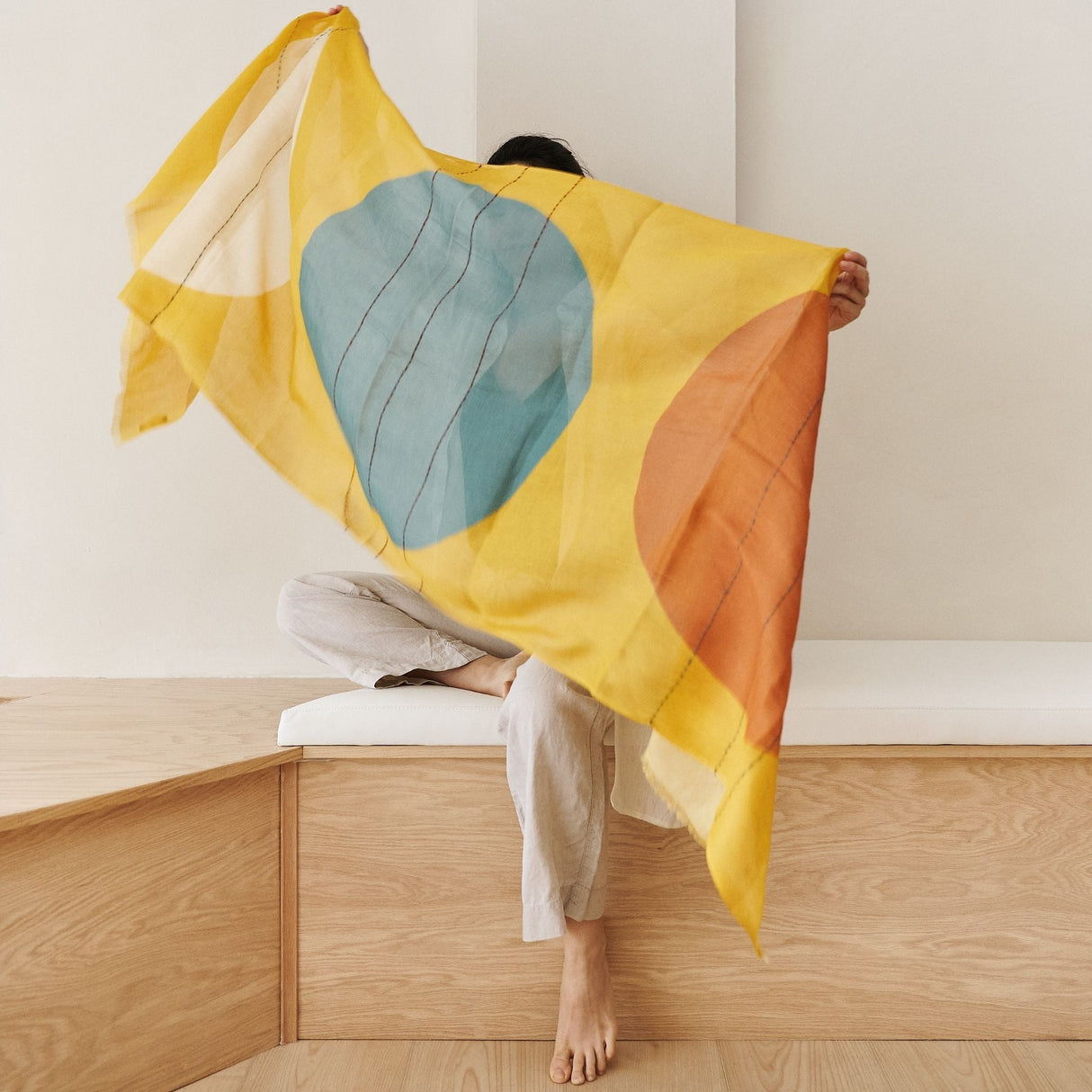 Cirq Sun Yellow Green Circle Pattern Hand Embroidered Linen Silk Handloom Scarf - Sumiye Co