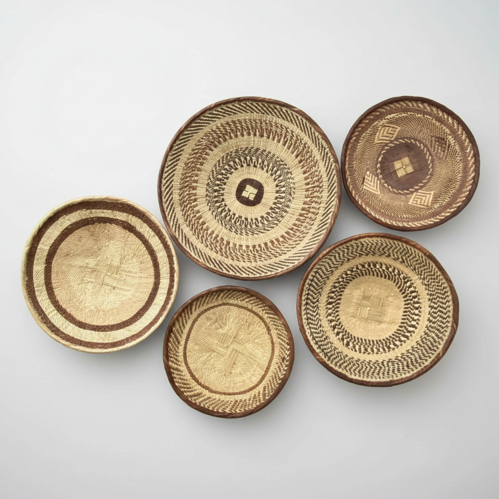 Set of five woven baskets with different patterns on a white background