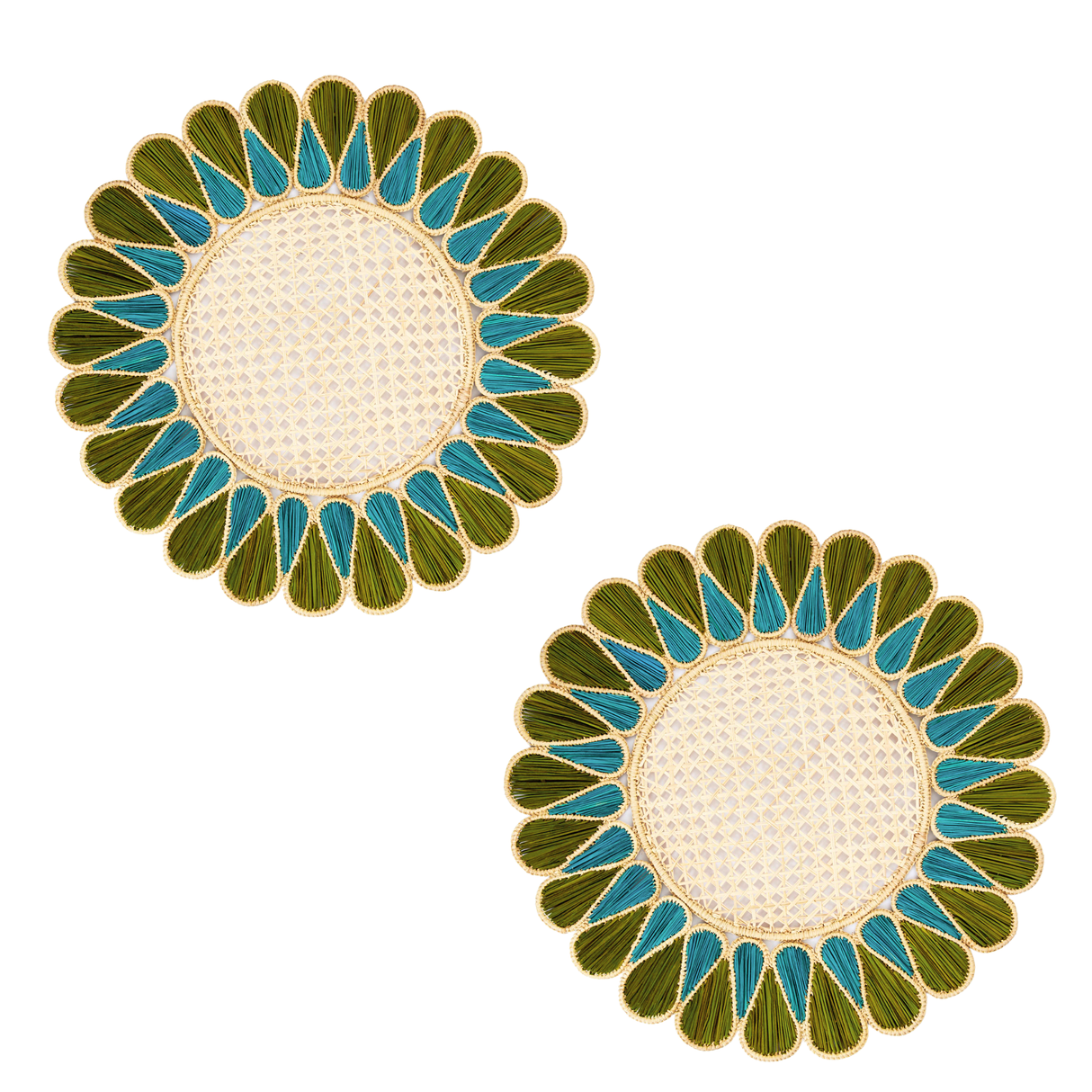 Pair of round placemats with green and blue floral patterns on a white background