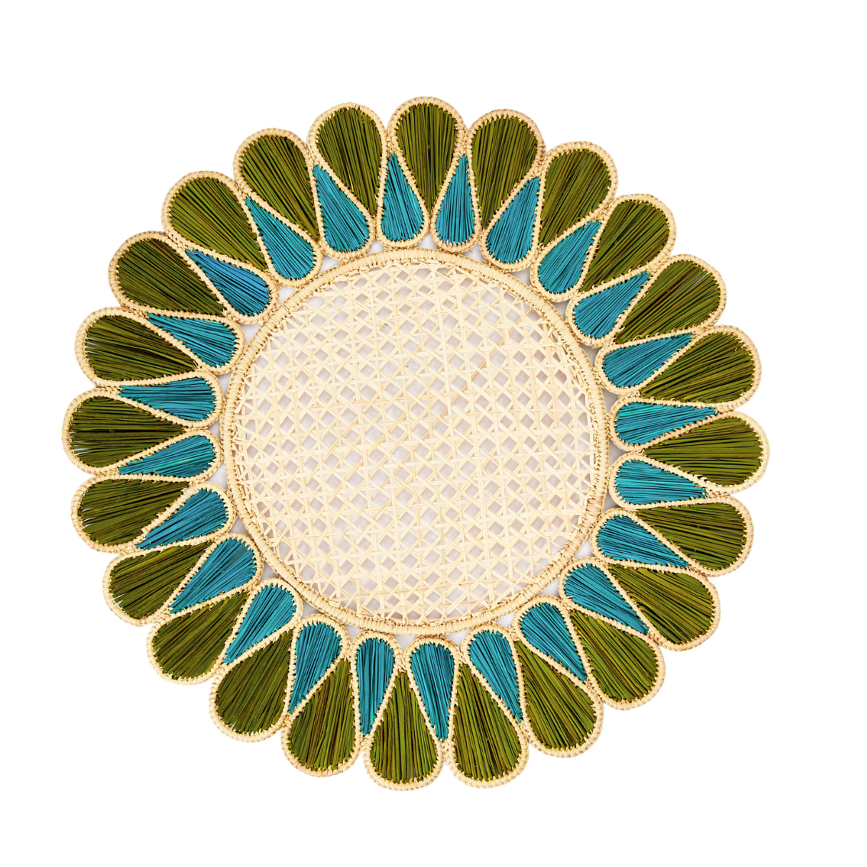 Decorative round mat with green and blue leaf-like patterns on a white background