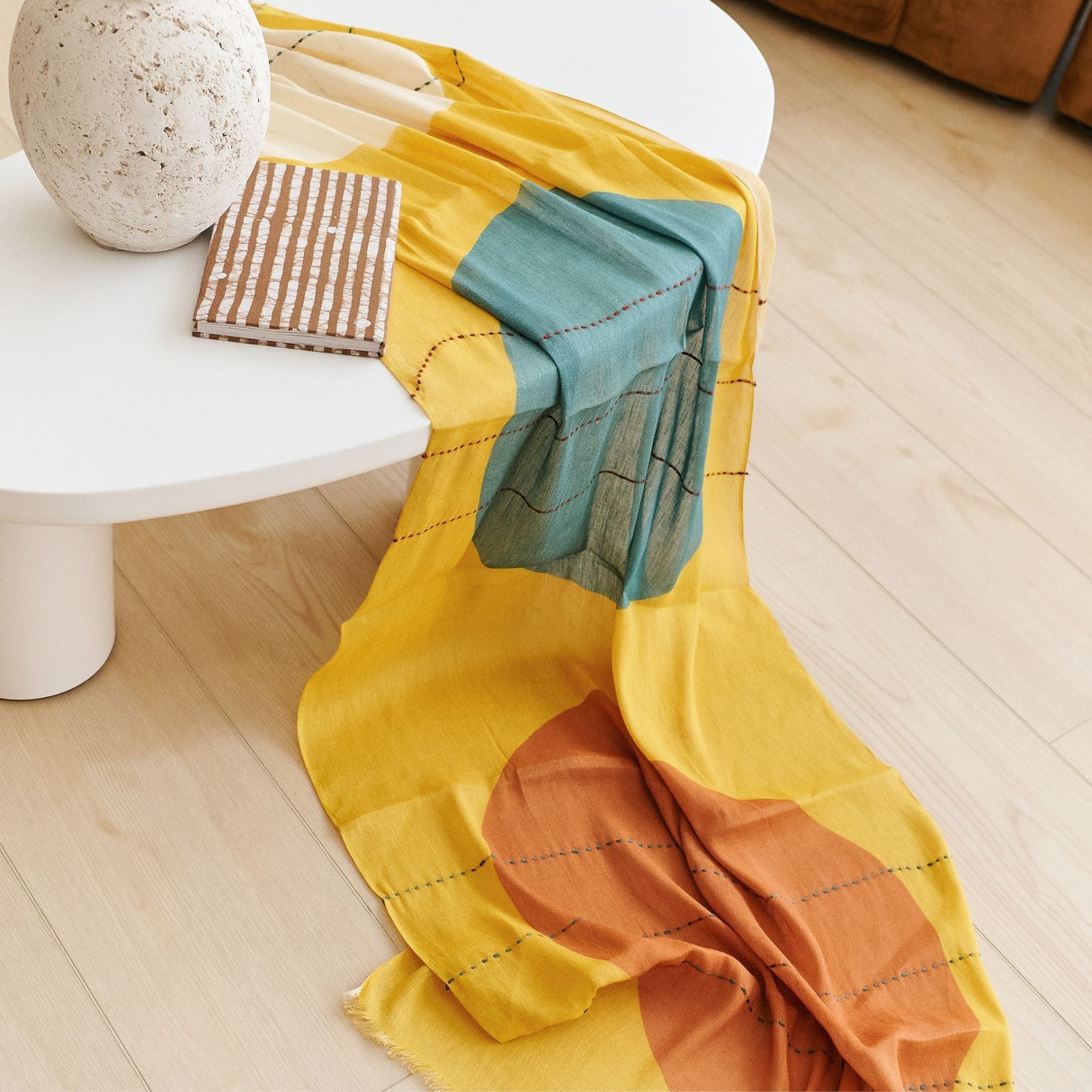 Cirq Sun Yellow Green Circle Pattern Hand Embroidered Linen Silk Handloom Scarf - Sumiye Co