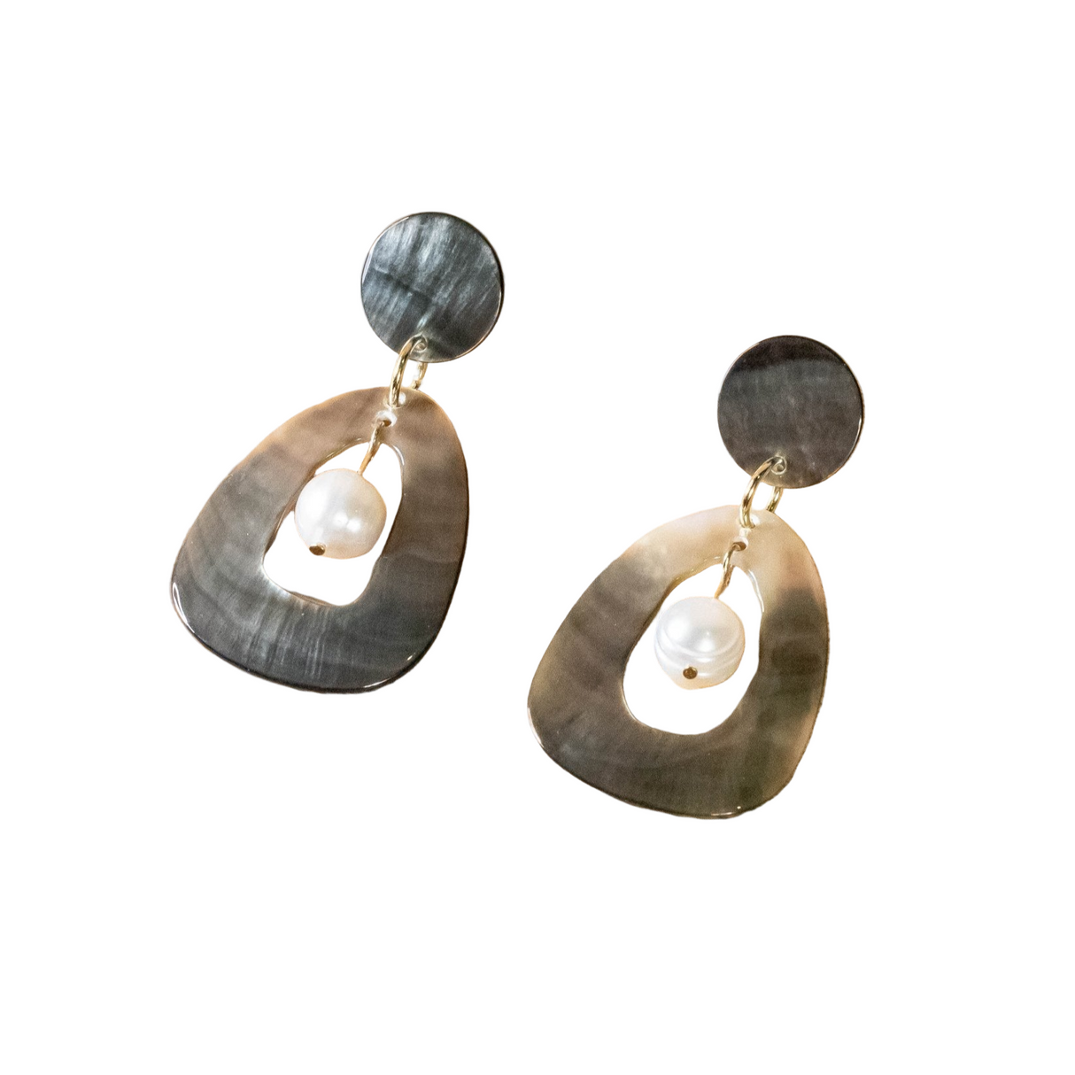 Pair of earrings with gold and gray hoop designs on a white background