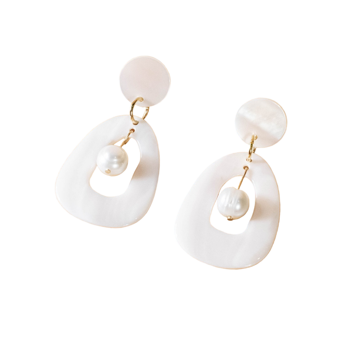 Pair of white earrings with pearl-like centers on a white background