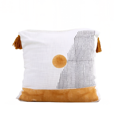 Decorative pillow with geometric design on a neutral background