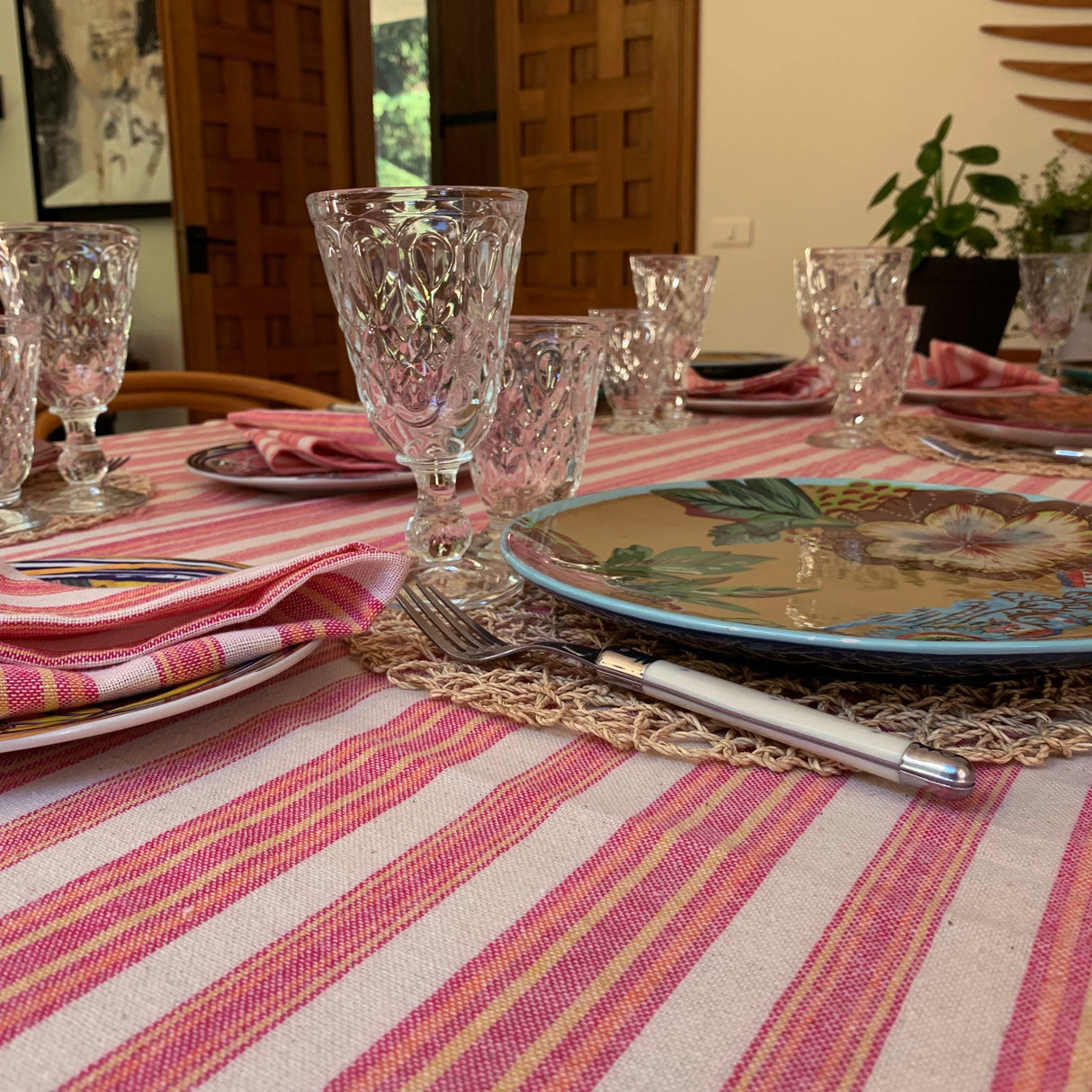 Andana Striped Tablecloth Set - Magenta - Sumiye Co
