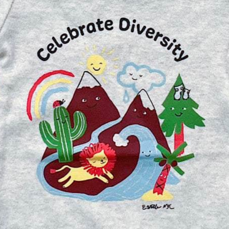 Gray onesie with colorful illustrations of a desert scene and text 'Celebrate Diversity'.