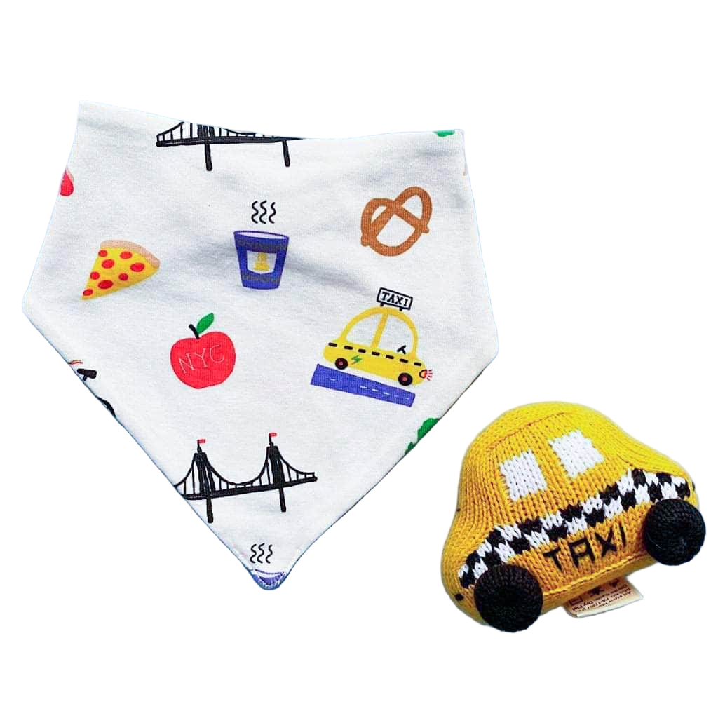 Organic Baby Gift Set - New York Bib & Taxi Rattle toy by Estella - Sumiye Co
