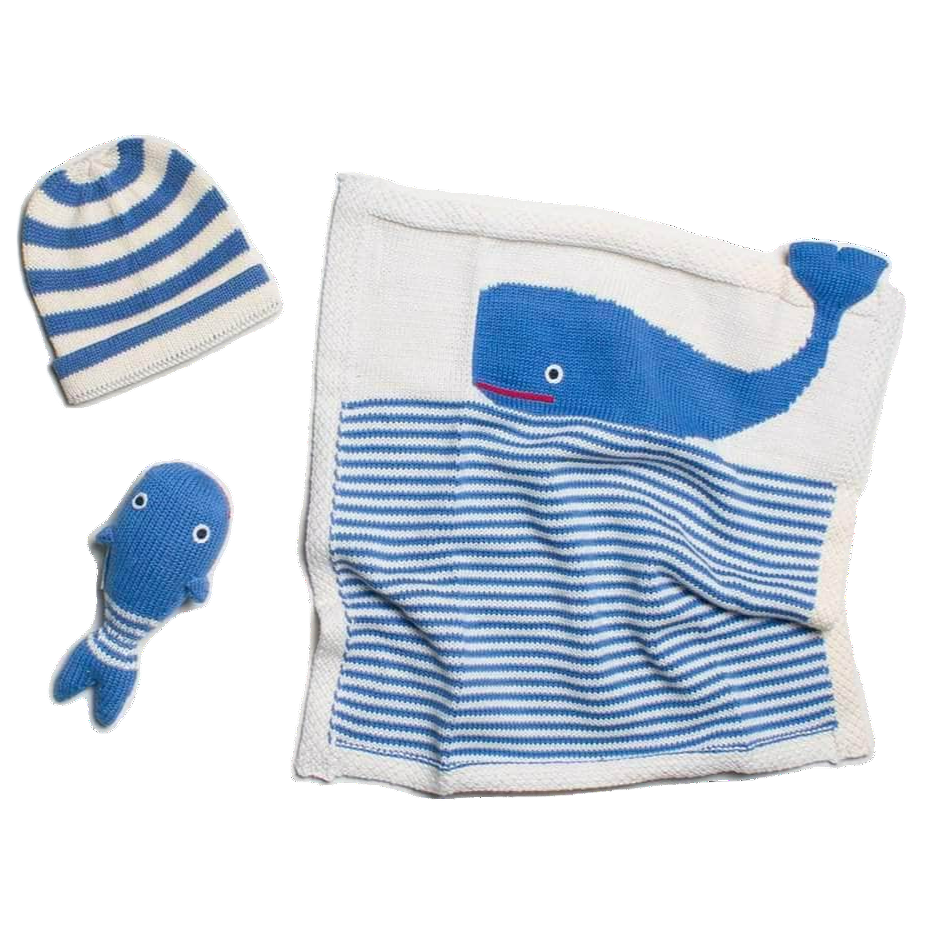 Organic Baby Gift Set - Handmade Lovey Blanket, Rattle Toy & Hat | Whale by Estella - Sumiye Co