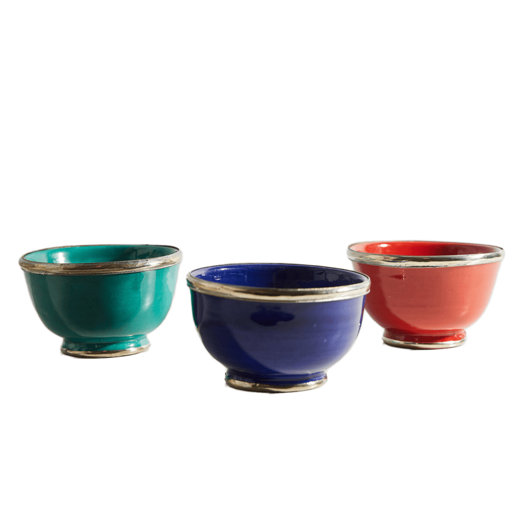 Moroccan Glazed Bowls Berber Silver Trim- Set of 3 (5" x 5" x 3") - Sumiye Co