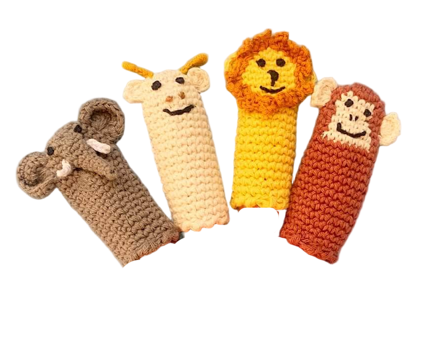 Four crocheted animal finger puppets on a white background