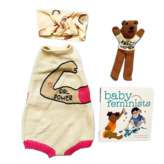 Organic Baby Gift Set-Girl Power Knit Onesie, Elect Women Bear, Knotted Headband & Baby Feminist Book
