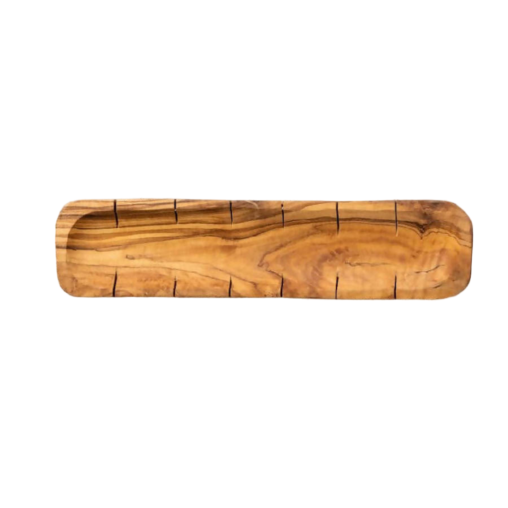 Wooden bread cutting /serving board with a natural wood grain pattern on a white background
