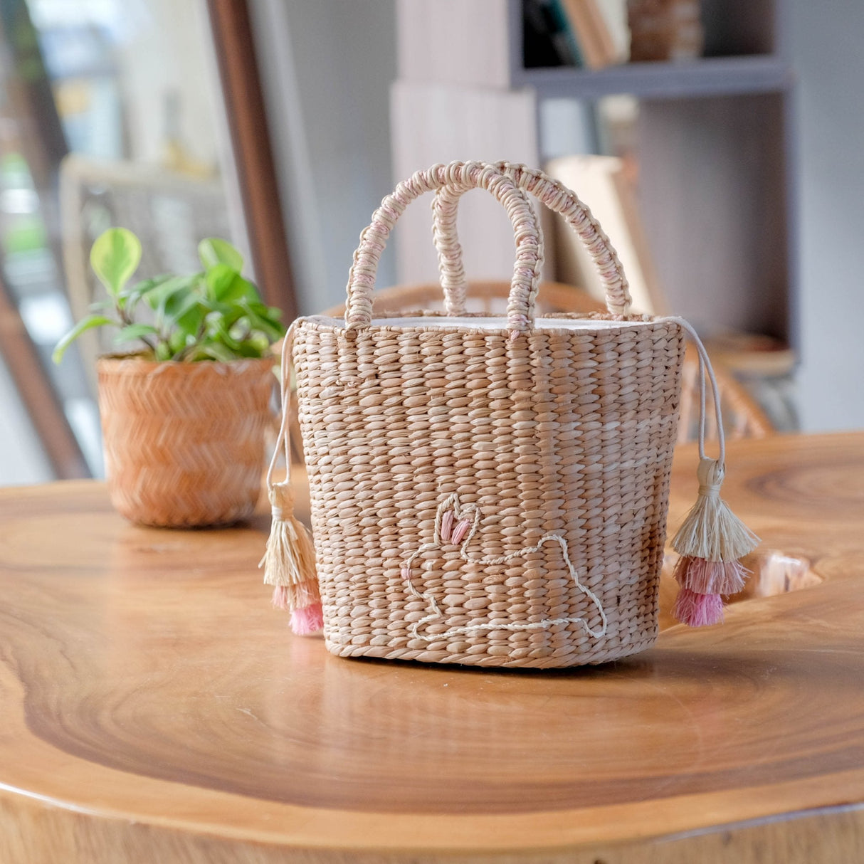 Handbags - Mini Seagrass Tote with Embroidered Bunny - Unique Handbag | LIKHA - LIKHÂ