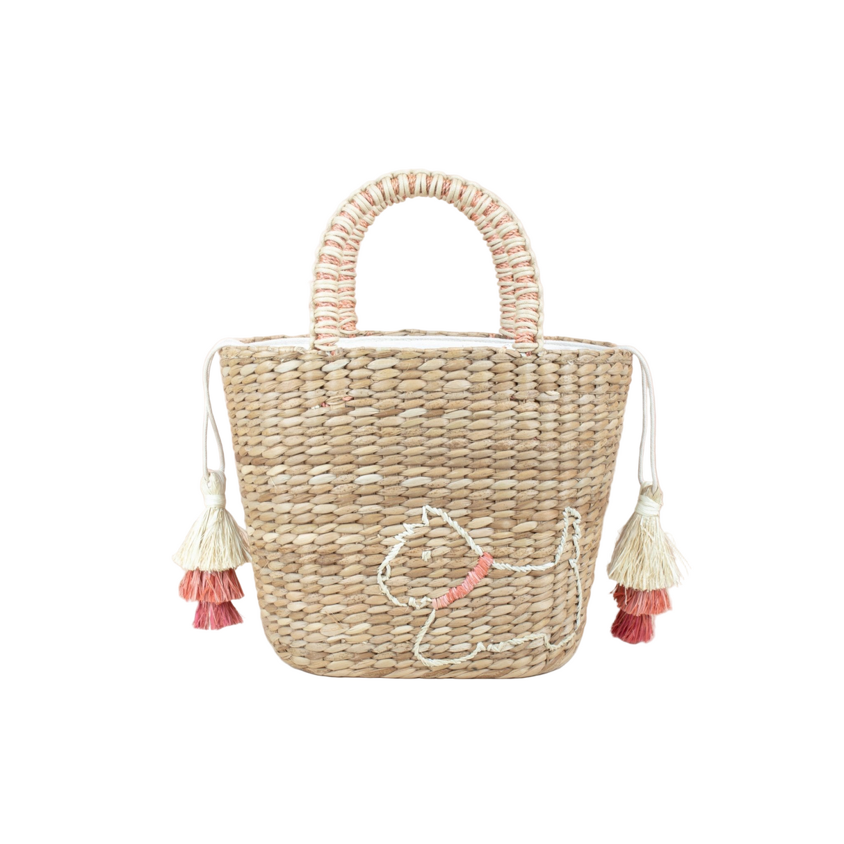 Mini Straw Tote Bag with Embroidered Westie - Woven Handbag - Sumiye Co