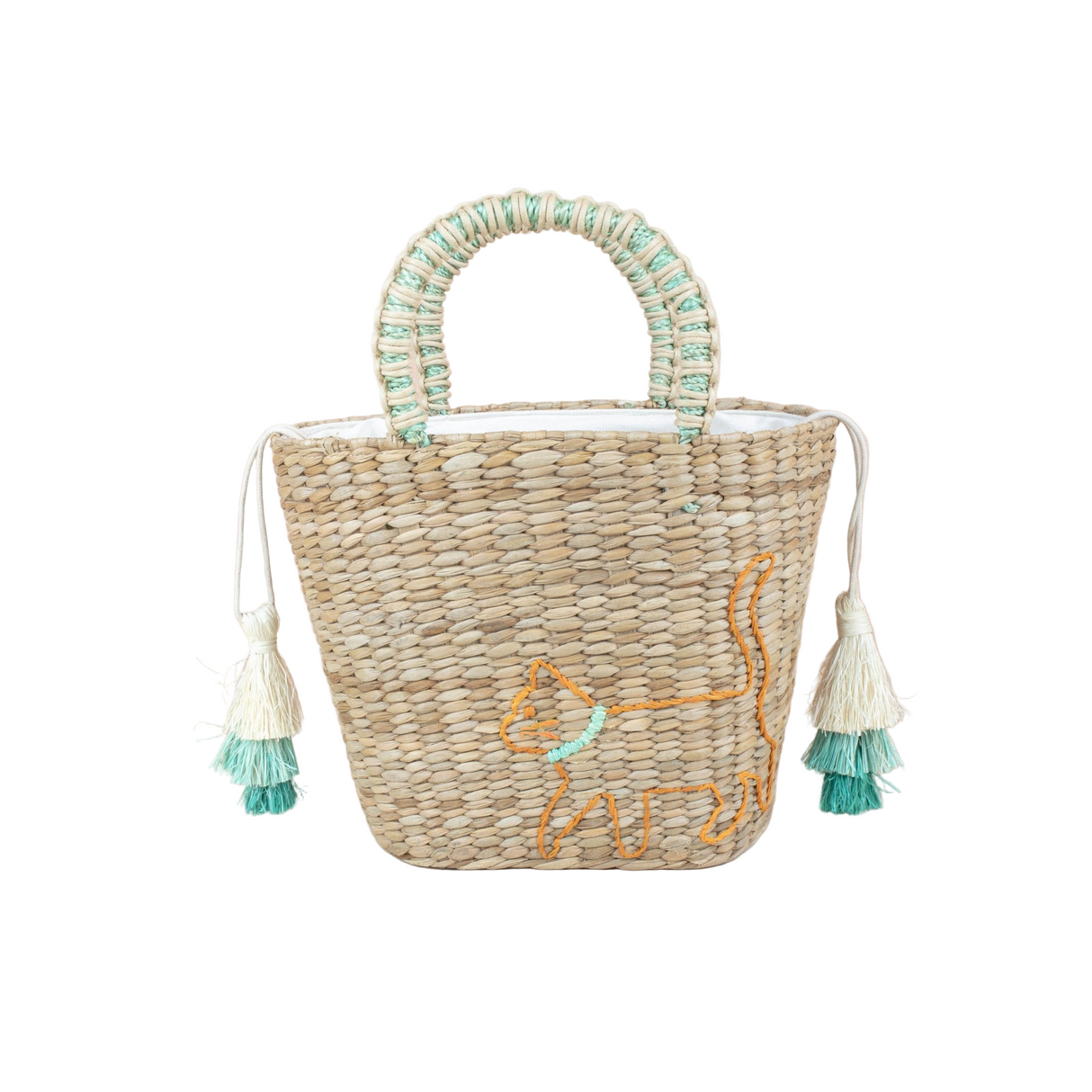 Mini Tote Bag with Embroidered Cat - Straw Tote - Sumiye Co