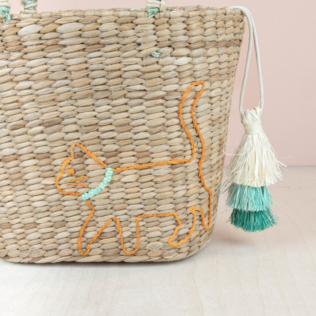 Handbags - Mini Tote Bag with Embroidered Cat - Straw Tote | LIKHA - LIKHÂ