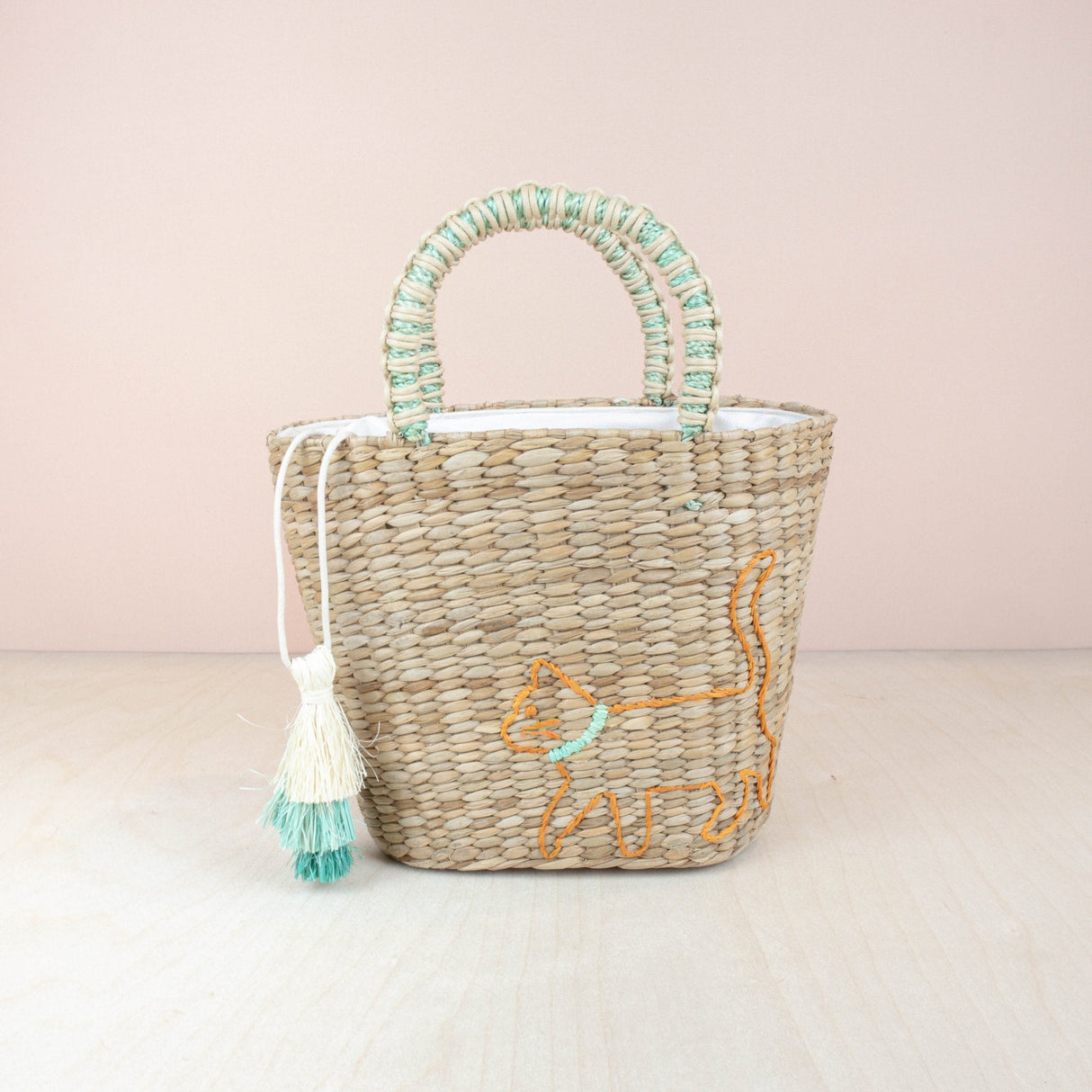 Handbags - Mini Tote Bag with Embroidered Cat - Straw Tote | LIKHA - LIKHÂ