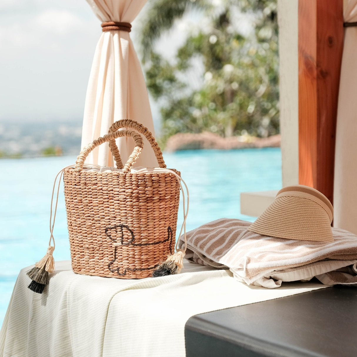 Handbags - Mini Woven Tote Bag with Embroidered Dachshund - Straw Tote | LIKHA - LIKHÂ