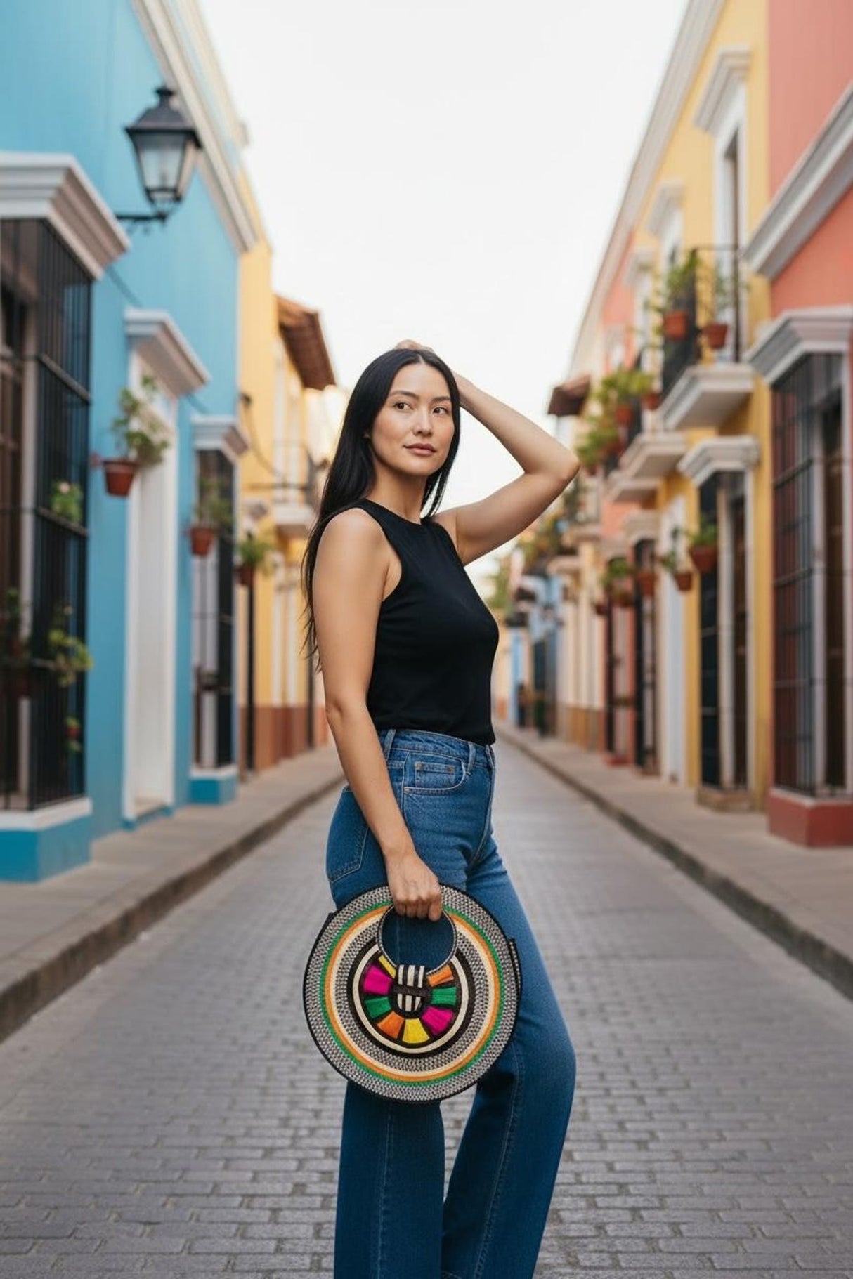 Round Tote Bag | Colorful Geometric Statement Handbag - Sumiye Co