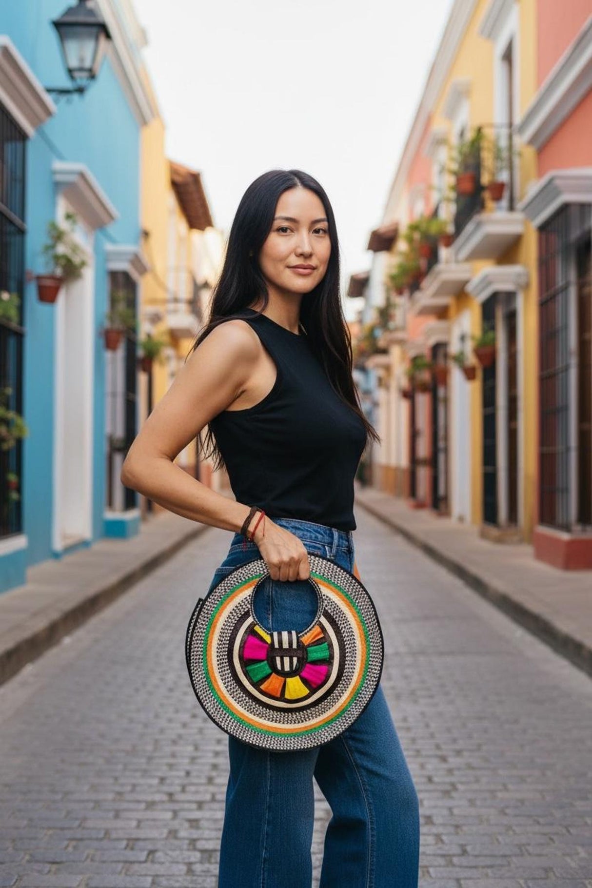 Round Tote Bag | Colorful Geometric Statement Handbag - Sumiye Co