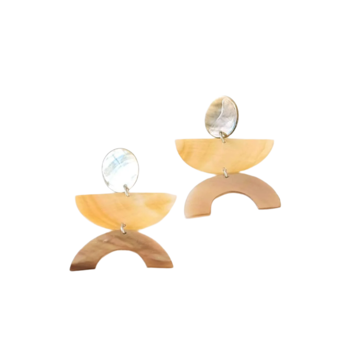 Pair of earrings with beige and brown arch-shaped pendants on a white background