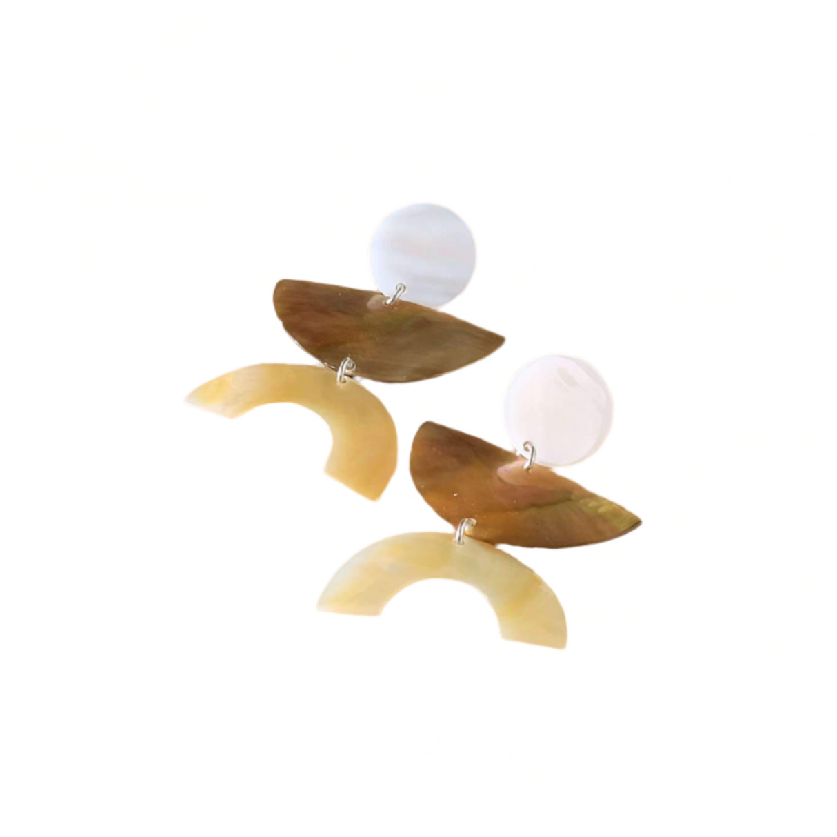 Pair of earrings with wooden and beige semi-circular shapes on a white background
