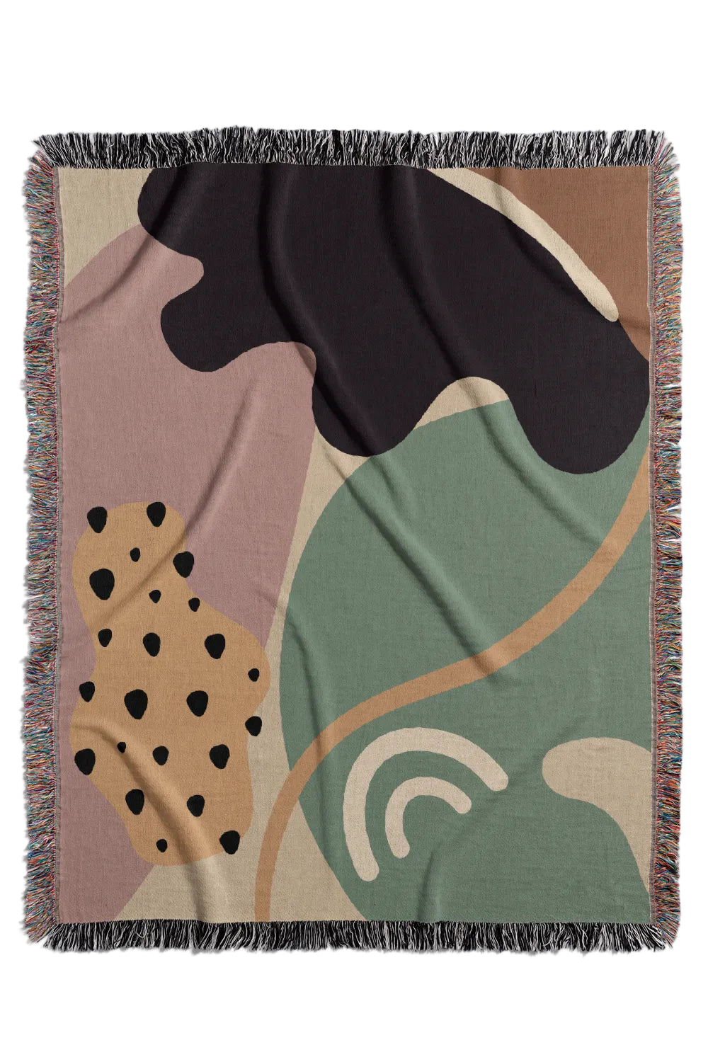 Abstract patterned throw blanket with wavy lines and shapes on a white background