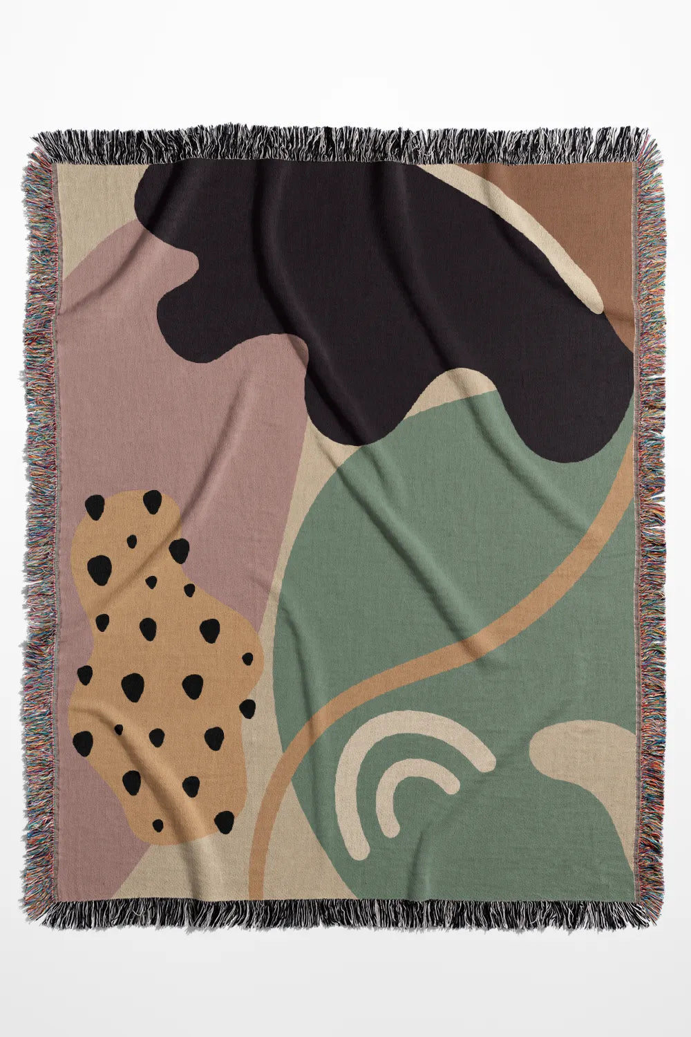 Retro-Futuristic Cotton Woven Throw Blanket in dusty pink, sage green, and cream with fringe edges and modern abstract design
