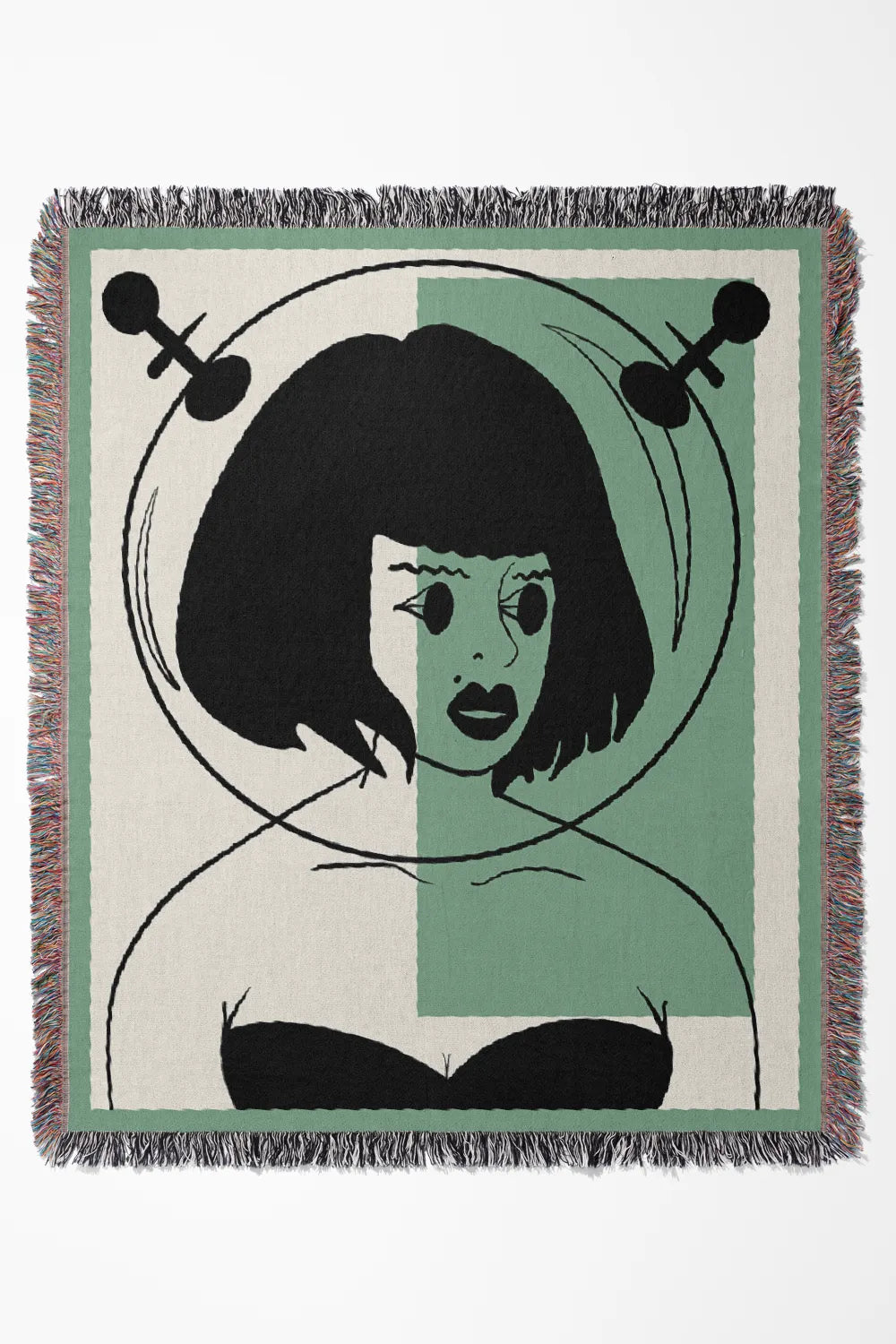 Galactic Muse Alien Cotton Woven Throw Blanket showcasing an alien art design in green, tan, and black.