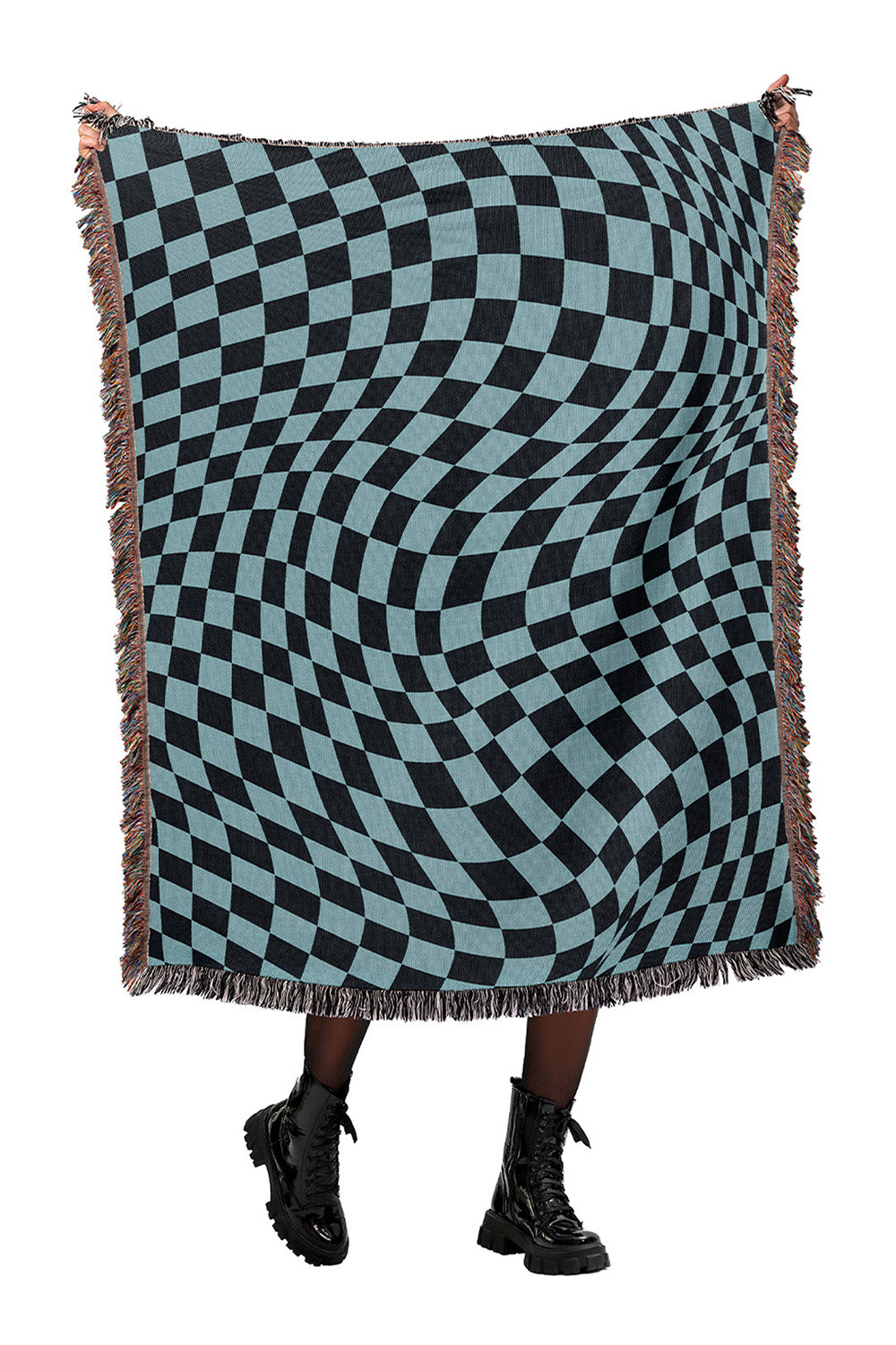 Trippy Checkers Black and Blue Cotton Woven Throw Blanket with a psychedelic checker pattern and fringe edges.
