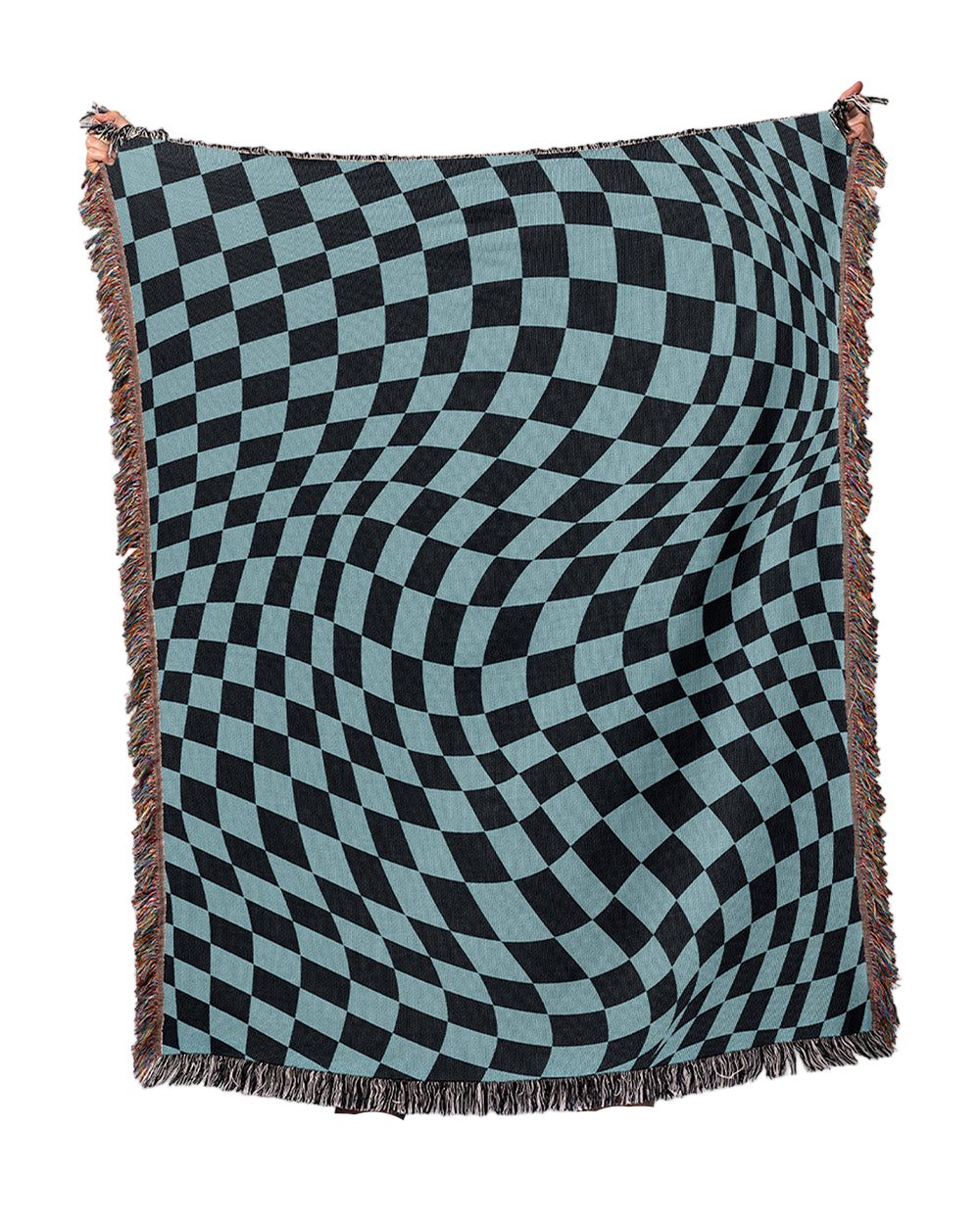 Checkered blanket with a black and blue pattern on a white background