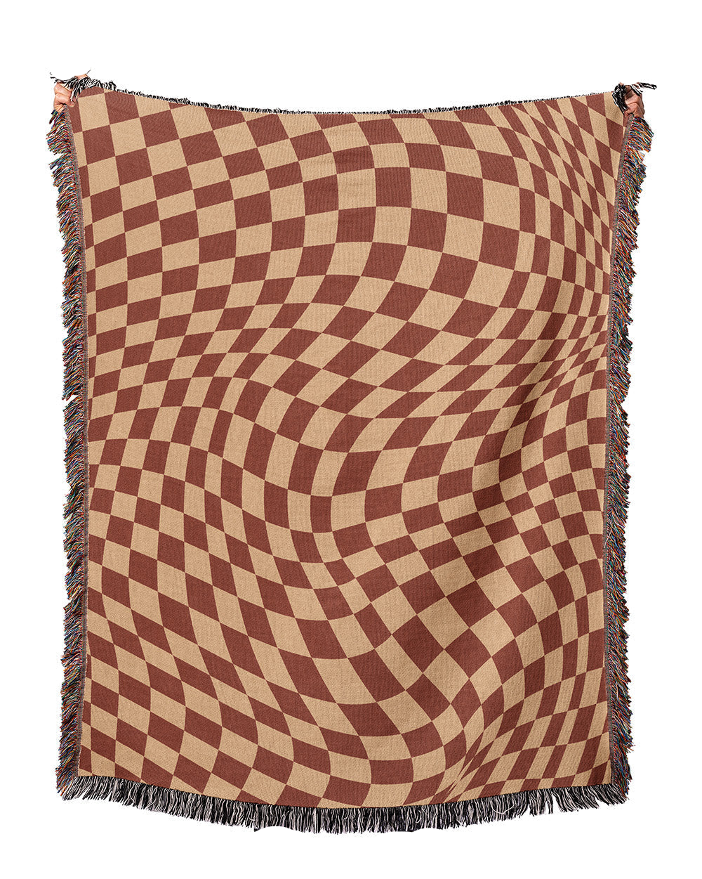 Checkered blanket with a brown and beige pattern on a white background