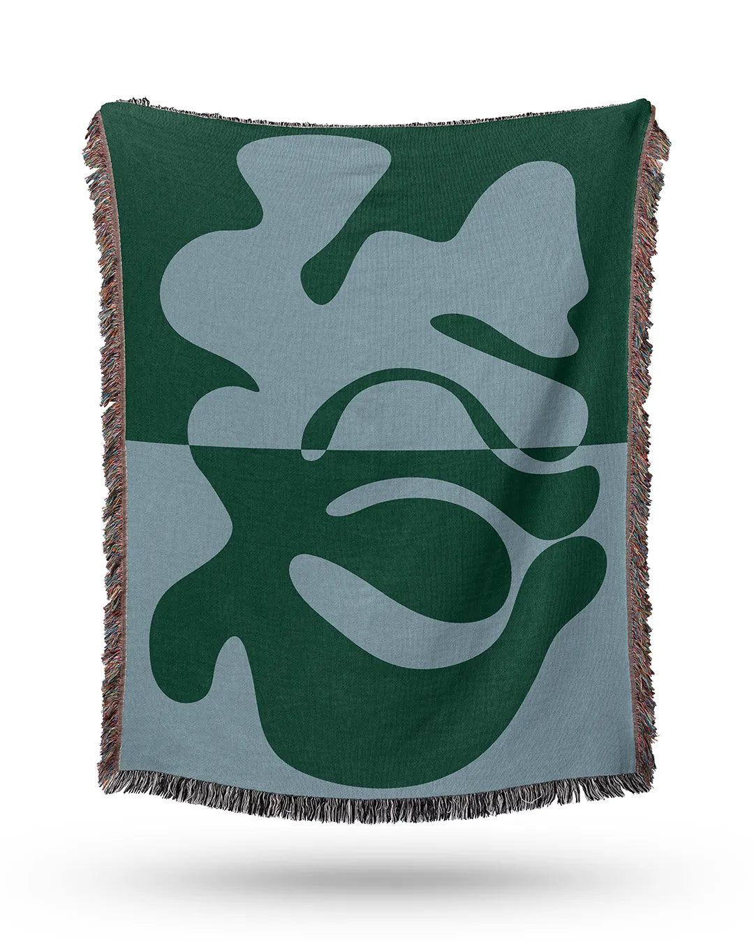 Blue and Green Organic Fusion Cotton Woven Throw Blanket showcasing a two-tone abstract design with organic shapes.