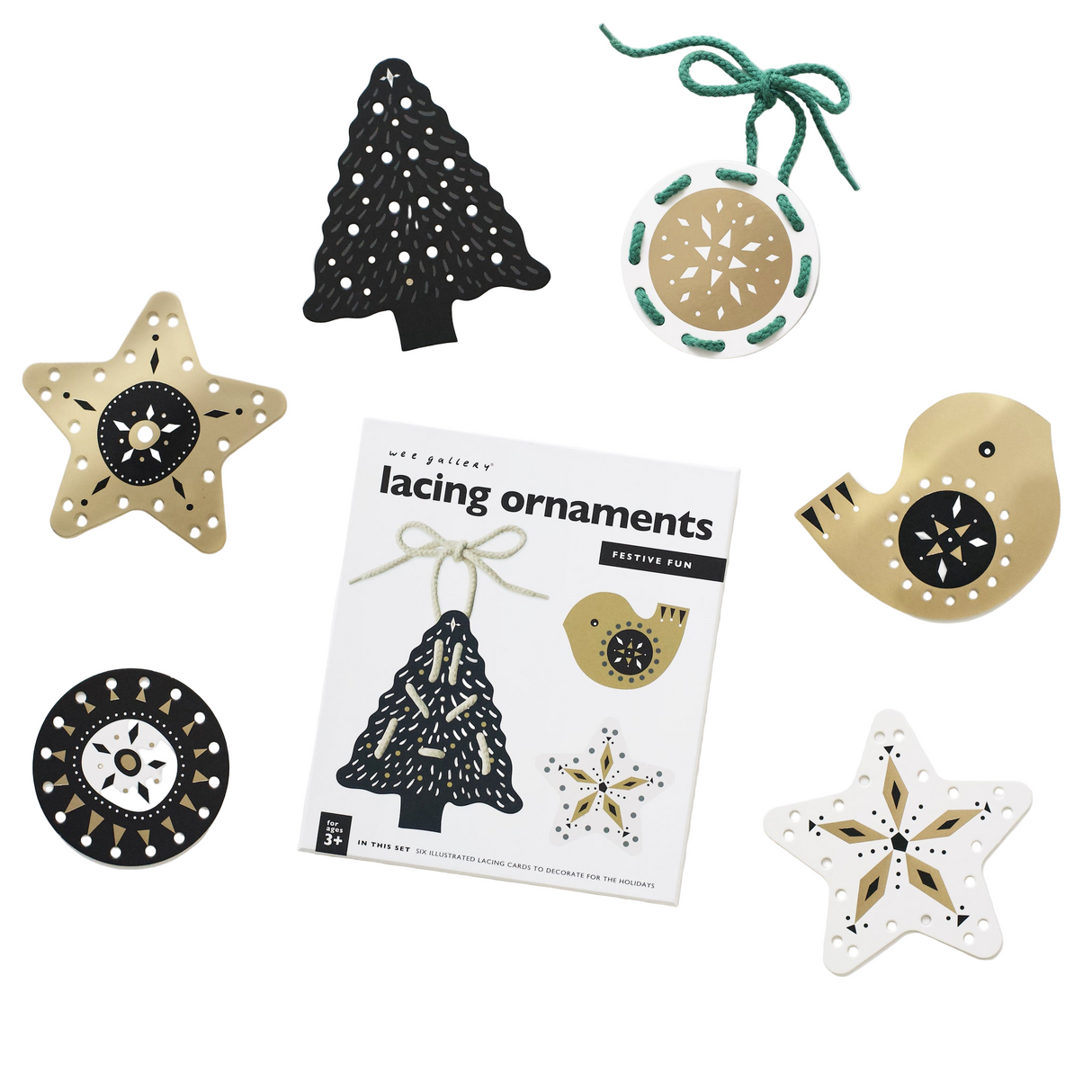Set of lacing ornaments including a star, tree, and bird design with packaging on a white background.