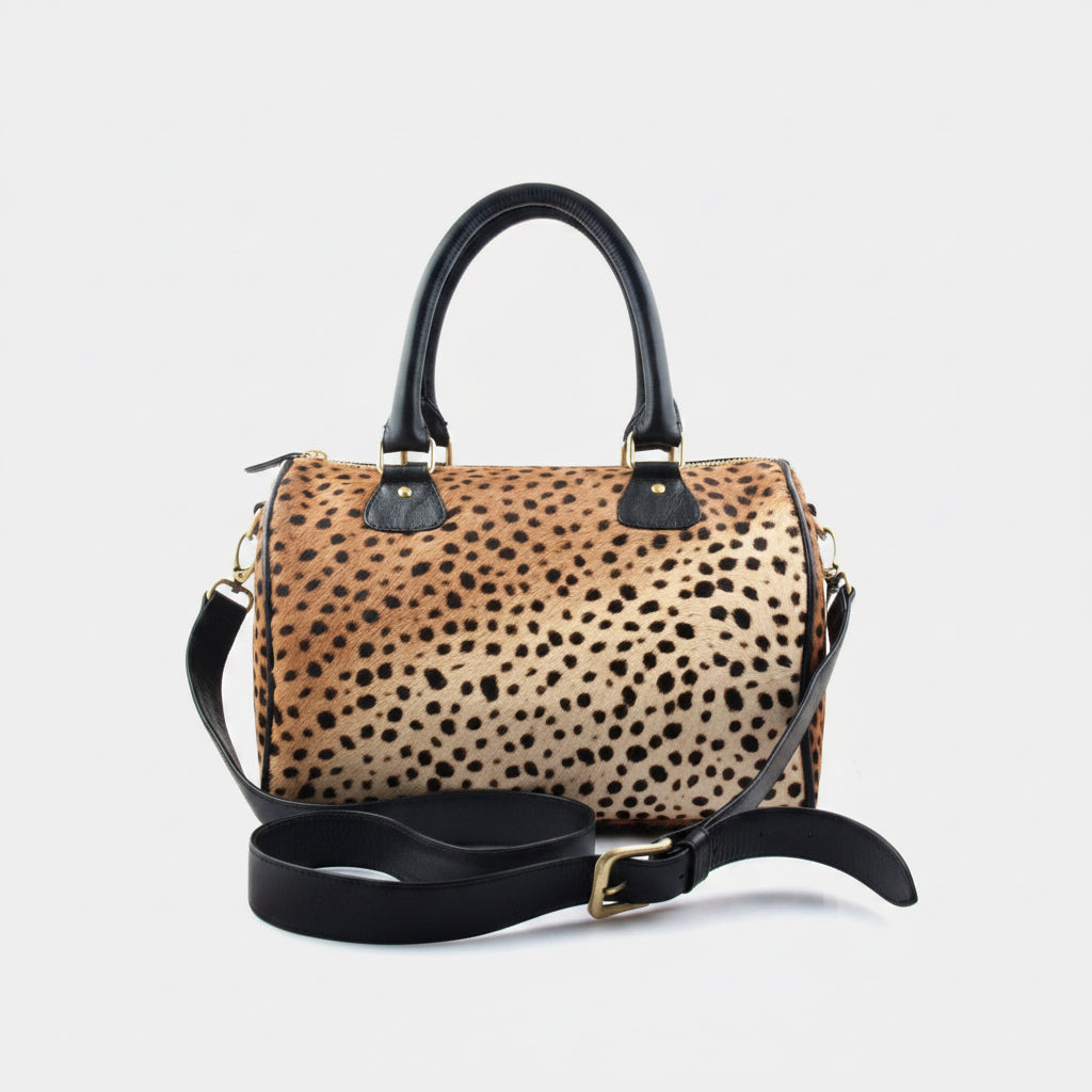 Leopard Print Leather Barrel Bag | Ethically Sourced Hides - Sumiye Co