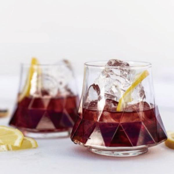 Two Libbey Rock Glass Water glasses (9.8 fl oz), filled with iced drinks and lemon slices, crafted from high-quality glass with a faceted design.