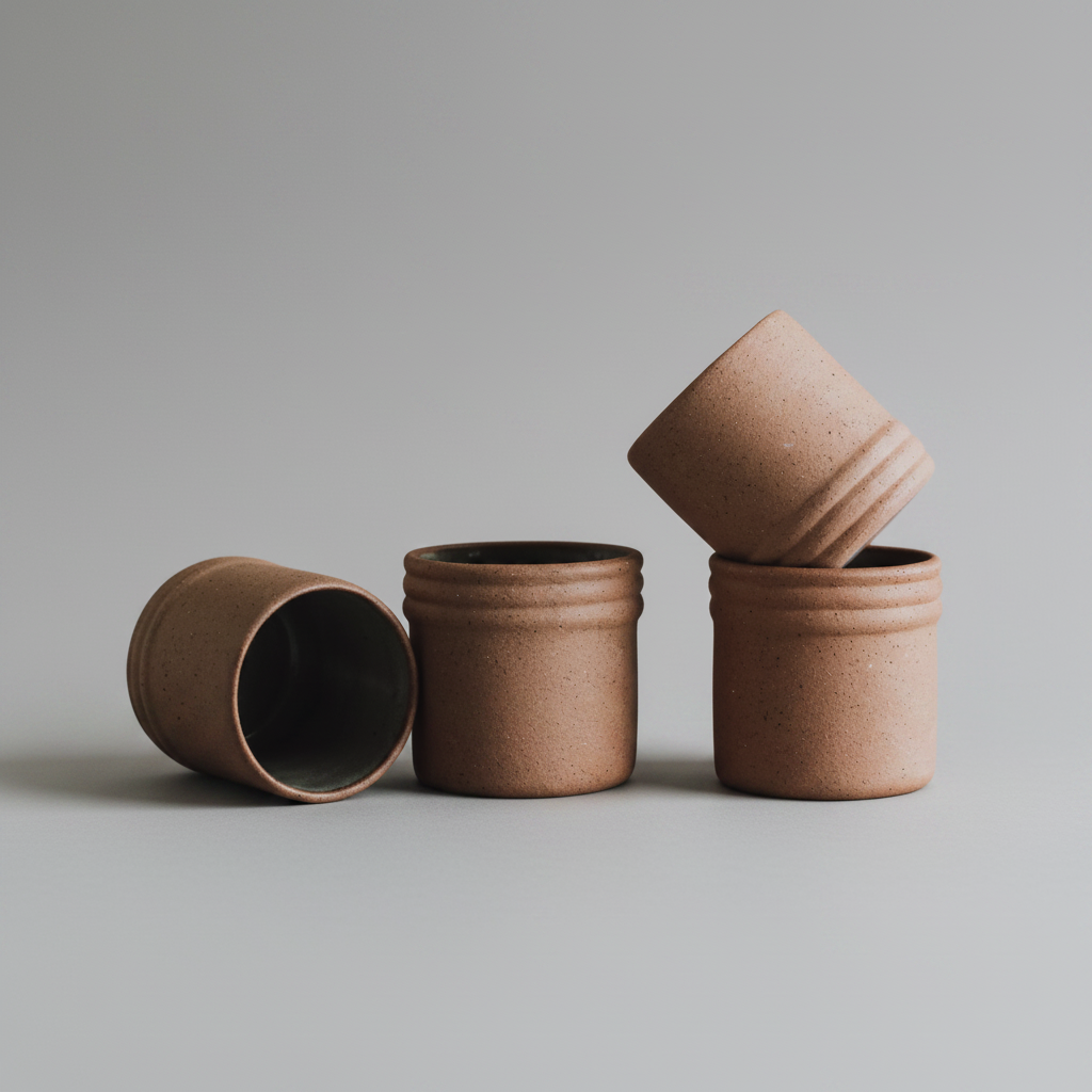 Set of four brown ceramic cups on a white background