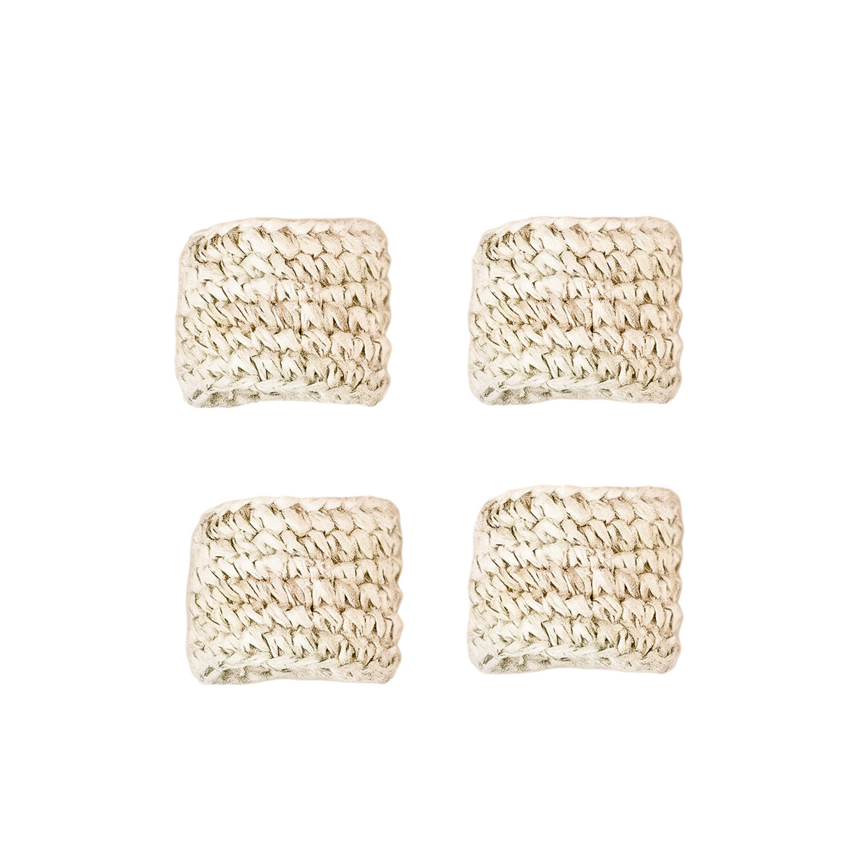 Set of four gold square mesh napkin rings on a white background
