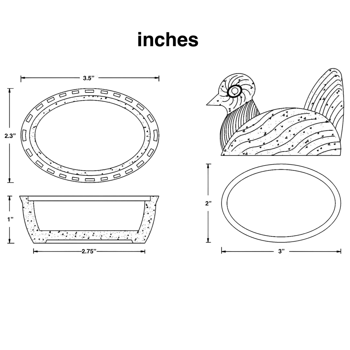 Illustration of a decorative item with dimensions labeled in inches