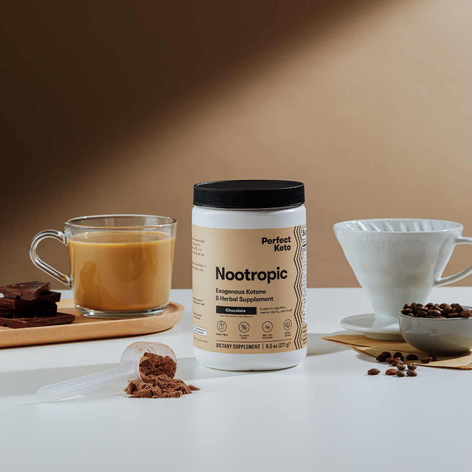 Nootropic supplement container with a cup of coffee and coffee beans on a neutral background
