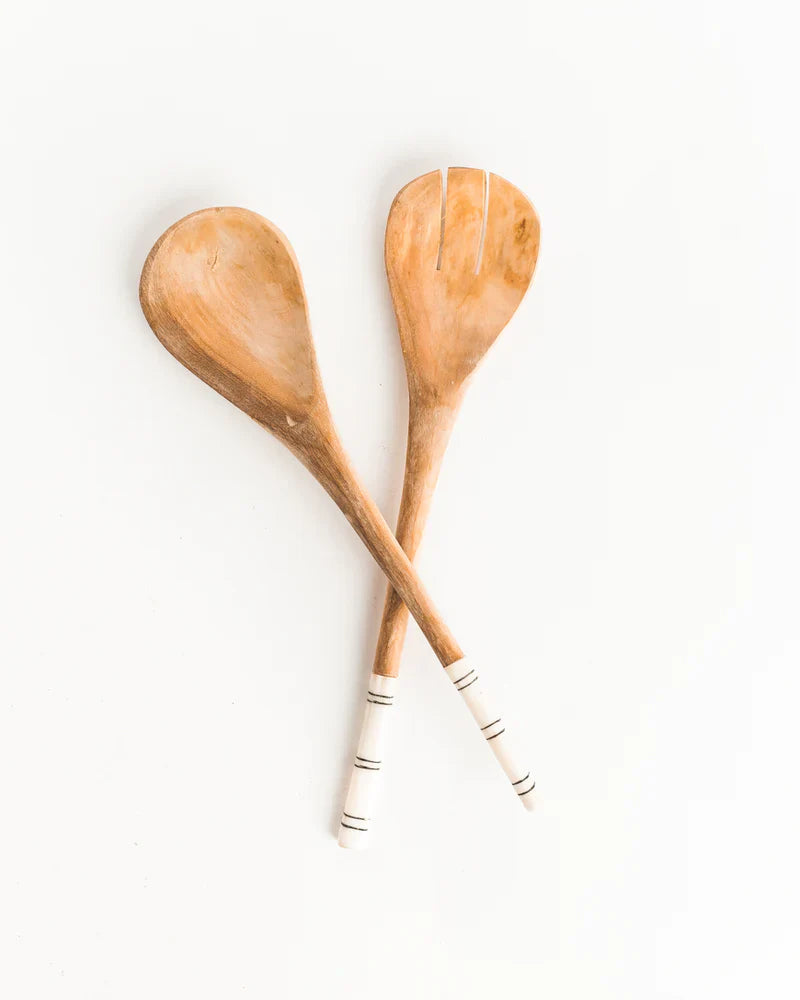 Olivewood Striped Salad Servers - Sumiye Co