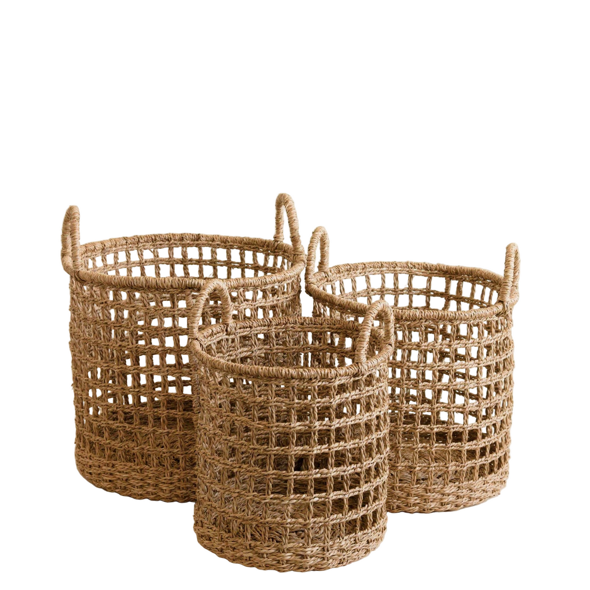Three woven baskets of different sizes on a white background