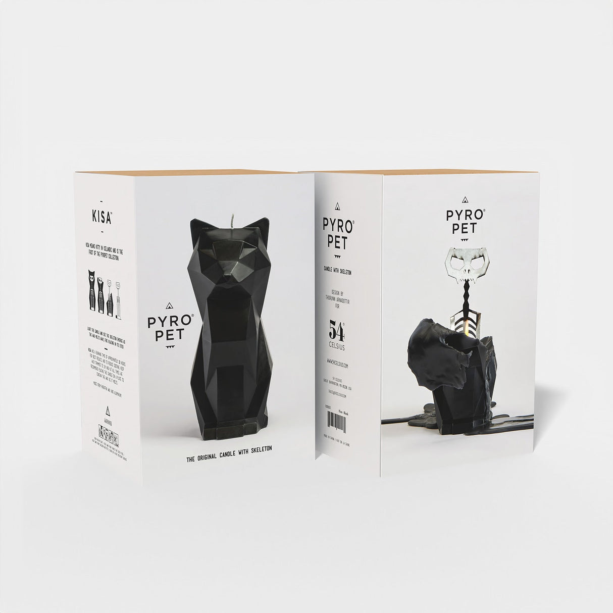 Black geometric cat-shaped candle in open Pyro Pet packaging on a white background