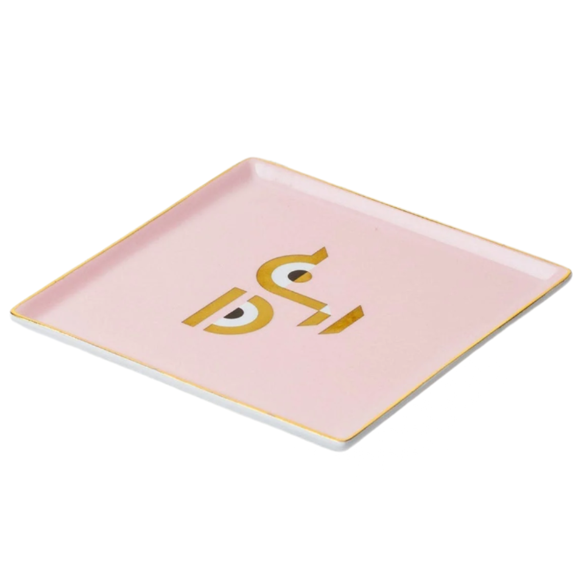 Pink rectangular tray with gold lettering on a white background