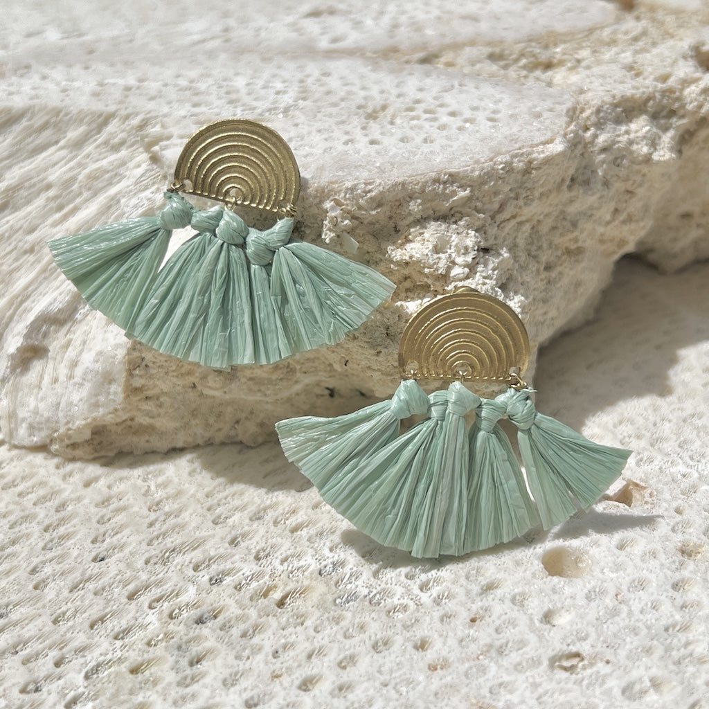 Sea Green Raffia Fan Earrings-1
